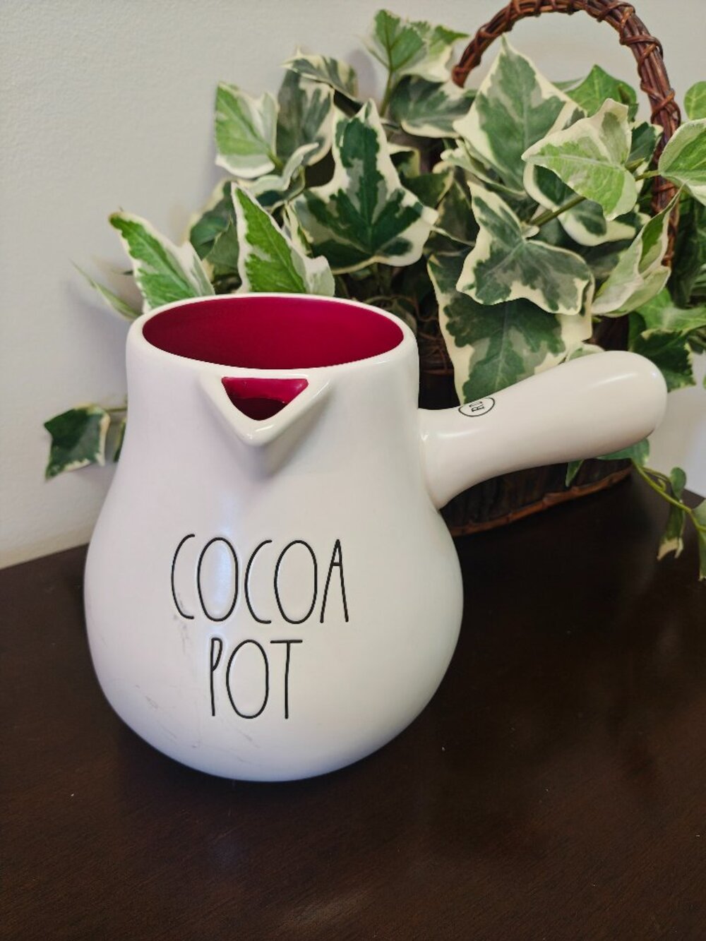 Rae Dunn Cocoa Pot Model 213 White Ceramic Red Interior Hot Chocolate Like New